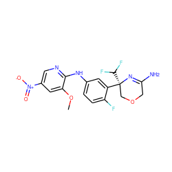 COc1cc([N+](=O)[O-])cnc1Nc1ccc(F)c([C@]2(C(F)F)COCC(N)=N2)c1 ZINC000145409119