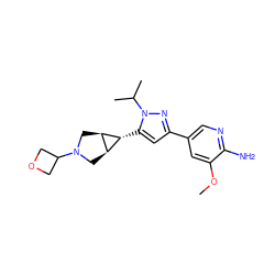 COc1cc(-c2cc([C@@H]3[C@H]4CN(C5COC5)C[C@H]43)n(C(C)C)n2)cnc1N ZINC000148075265