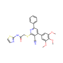 COc1cc(-c2cc(-c3ccccc3)nc(SCC(=O)Nc3nccs3)c2C#N)cc(OC)c1OC ZINC000008412188