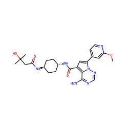 COc1cc(-c2cc(C(=O)N[C@H]3CC[C@H](NC(=O)CC(C)(C)O)CC3)c3c(N)ncnn23)ccn1 ZINC000261165241