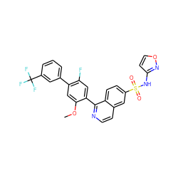 COc1cc(-c2cccc(C(F)(F)F)c2)c(F)cc1-c1nccc2cc(S(=O)(=O)Nc3ccon3)ccc12 ZINC001772656175