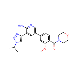 COc1cc(-c2cnc(N)c(-c3cn(C(C)C)nn3)c2)ccc1C(=O)N1CCOCC1 ZINC000142660713