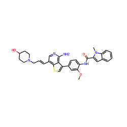 COc1cc(-c2csc3c(/C=C/CN4CCC(O)CC4)cnc(N)c23)ccc1NC(=O)c1cc2ccccc2n1C ZINC000014208913