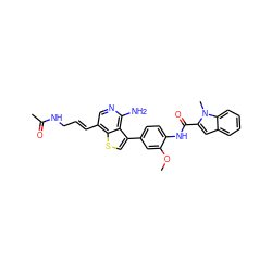 COc1cc(-c2csc3c(/C=C/CNC(C)=O)cnc(N)c23)ccc1NC(=O)c1cc2ccccc2n1C ZINC000028822588