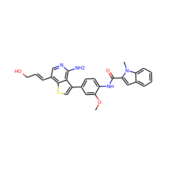 COc1cc(-c2csc3c(/C=C/CO)cnc(N)c23)ccc1NC(=O)c1cc2ccccc2n1C ZINC000028822581