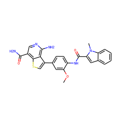 COc1cc(-c2csc3c(C(N)=O)cnc(N)c23)ccc1NC(=O)c1cc2ccccc2n1C ZINC000028822574