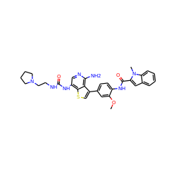 COc1cc(-c2csc3c(NC(=O)NCCN4CCCC4)cnc(N)c23)ccc1NC(=O)c1cc2ccccc2n1C ZINC000028822572