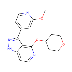 COc1cc(-c2n[nH]c3ccnc(OC4CCOCC4)c23)ccn1 ZINC000114773531