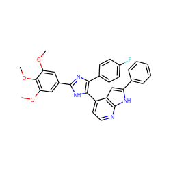 COc1cc(-c2nc(-c3ccc(F)cc3)c(-c3ccnc4[nH]c(-c5ccccc5)cc34)[nH]2)cc(OC)c1OC ZINC000095572223