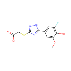 COc1cc(-c2nc(SCC(=O)O)n[nH]2)cc(F)c1O ZINC000653633832