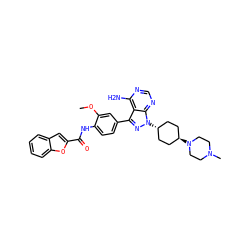 COc1cc(-c2nn([C@H]3CC[C@H](N4CCN(C)CC4)CC3)c3ncnc(N)c23)ccc1NC(=O)c1cc2ccccc2o1 ZINC000253634472