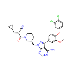 COc1cc(-c2nn(C[C@@H]3CCCN(C(=O)/C(C#N)=C/C4CC4)C3)c3ncnc(N)c23)ccc1Oc1ccc(Cl)c(Cl)c1 ZINC001772648018