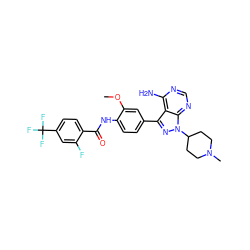 COc1cc(-c2nn(C3CCN(C)CC3)c3ncnc(N)c23)ccc1NC(=O)c1ccc(C(F)(F)F)cc1F ZINC000028565280