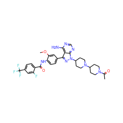 COc1cc(-c2nn(C3CCN(C4CCN(C(C)=O)CC4)CC3)c3ncnc(N)c23)ccc1NC(=O)c1ccc(C(F)(F)F)cc1F ZINC000028565028