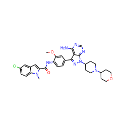 COc1cc(-c2nn(C3CCN(C4CCOCC4)CC3)c3ncnc(N)c23)ccc1NC(=O)c1cc2cc(Cl)ccc2n1C ZINC000028565144