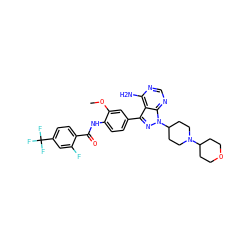 COc1cc(-c2nn(C3CCN(C4CCOCC4)CC3)c3ncnc(N)c23)ccc1NC(=O)c1ccc(C(F)(F)F)cc1F ZINC000028565136