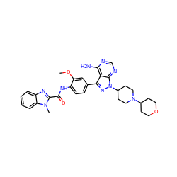 COc1cc(-c2nn(C3CCN(C4CCOCC4)CC3)c3ncnc(N)c23)ccc1NC(=O)c1nc2ccccc2n1C ZINC000028565301