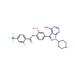 COc1cc(-c2nn(C3CCNCC3)c3ncnc(N)c23)ccc1NC(=O)c1ccc(C(F)(F)F)cc1F ZINC000028565014