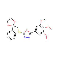 COc1cc(-c2nnc(SCC3(c4ccccc4)OCCO3)o2)cc(OC)c1OC ZINC000008411486