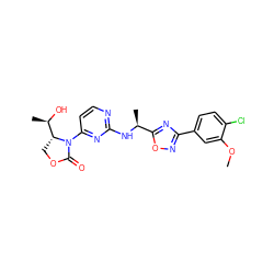 COc1cc(-c2noc([C@H](C)Nc3nccc(N4C(=O)OC[C@@H]4[C@@H](C)O)n3)n2)ccc1Cl ZINC000221668904