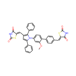 COc1cc(-n2c(-c3ccccc3)cc(/C=C3\SC(=O)NC3=O)c2-c2ccccc2)ccc1-c1ccc(/C=C2\SC(=O)NC2=O)cc1 ZINC001772604720