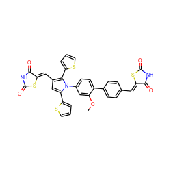 COc1cc(-n2c(-c3cccs3)cc(/C=C3\SC(=O)NC3=O)c2-c2cccs2)ccc1-c1ccc(/C=C2\SC(=O)NC2=O)cc1 ZINC001772626120