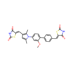 COc1cc(-n2c(C)cc(/C=C3\SC(=O)NC3=O)c2C)ccc1-c1ccc(/C=C2\SC(=O)NC2=O)cc1 ZINC001772570876