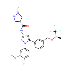 COc1cc(-n2nc(NC(=O)[C@@H]3CNC(=O)C3)cc2-c2cccc(CO[C@H](C)C(F)(F)F)c2)ccc1F ZINC000169707365