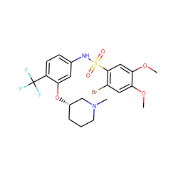 COc1cc(Br)c(S(=O)(=O)Nc2ccc(C(F)(F)F)c(O[C@H]3CCCN(C)C3)c2)cc1OC ZINC000095604930