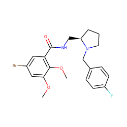 COc1cc(Br)cc(C(=O)NC[C@H]2CCCN2Cc2ccc(F)cc2)c1OC ZINC000003785274