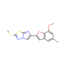 COc1cc(Br)cc2cc(-c3cn4nc(SC)sc4n3)oc12 ZINC000653765524