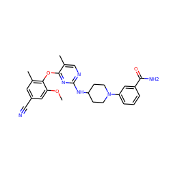 COc1cc(C#N)cc(C)c1Oc1nc(NC2CCN(c3cccc(C(N)=O)c3)CC2)ncc1C ZINC000064549000