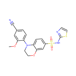 COc1cc(C#N)ccc1N1CCOc2cc(S(=O)(=O)Nc3nccs3)ccc21 ZINC000220175418