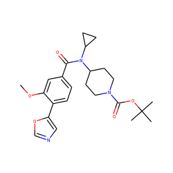 COc1cc(C(=O)N(C2CC2)C2CCN(C(=O)OC(C)(C)C)CC2)ccc1-c1cnco1 ZINC000207702284