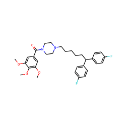 COc1cc(C(=O)N2CCN(CCCCCC(c3ccc(F)cc3)c3ccc(F)cc3)CC2)cc(OC)c1OC ZINC000049780284