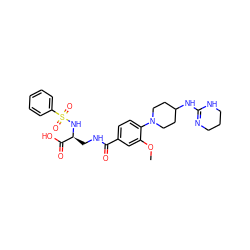 COc1cc(C(=O)NC[C@H](NS(=O)(=O)c2ccccc2)C(=O)O)ccc1N1CCC(NC2=NCCCN2)CC1 ZINC000049777343