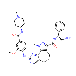 COc1cc(C(=O)NC2CCN(C)CC2)ccc1Nc1ncc2c(n1)-c1c(c(C(=O)N[C@H](CN)c3ccccc3)nn1C)CCC2 ZINC000145915392