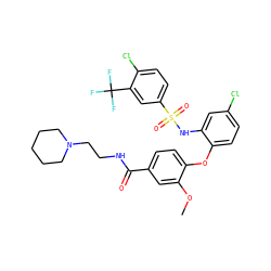 COc1cc(C(=O)NCCN2CCCCC2)ccc1Oc1ccc(Cl)cc1NS(=O)(=O)c1ccc(Cl)c(C(F)(F)F)c1 ZINC000082190203