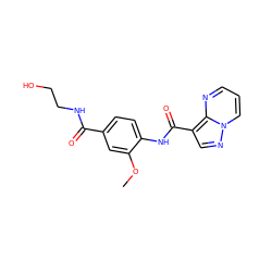 COc1cc(C(=O)NCCO)ccc1NC(=O)c1cnn2cccnc12 ZINC000113654080