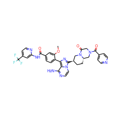 COc1cc(C(=O)Nc2cc(C(F)(F)F)ccn2)ccc1-c1nc([C@@H]2CC[C@H]3CN(C(=O)c4ccncc4)CC(=O)N3C2)n2ccnc(N)c12 ZINC000217098685