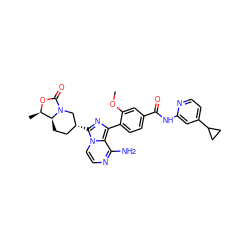 COc1cc(C(=O)Nc2cc(C3CC3)ccn2)ccc1-c1nc([C@@H]2CC[C@H]3[C@@H](C)OC(=O)N3C2)n2ccnc(N)c12 ZINC000145379920