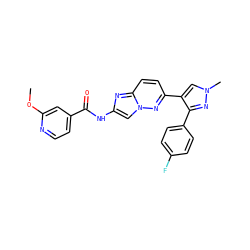 COc1cc(C(=O)Nc2cn3nc(-c4cn(C)nc4-c4ccc(F)cc4)ccc3n2)ccn1 ZINC001772636586