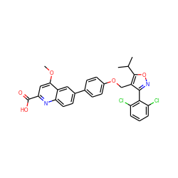 COc1cc(C(=O)O)nc2ccc(-c3ccc(OCc4c(-c5c(Cl)cccc5Cl)noc4C(C)C)cc3)cc12 ZINC000066066214