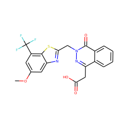 COc1cc(C(F)(F)F)c2sc(Cn3nc(CC(=O)O)c4ccccc4c3=O)nc2c1 ZINC000013860784