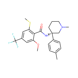 COc1cc(C(F)(F)F)cc(SC)c1C(=O)N[C@]1(c2ccc(C)cc2)CCCN(C)C1 ZINC000143323714