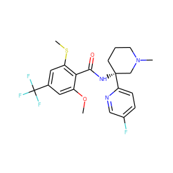 COc1cc(C(F)(F)F)cc(SC)c1C(=O)N[C@]1(c2ccc(F)cn2)CCCN(C)C1 ZINC000142606960