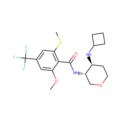 COc1cc(C(F)(F)F)cc(SC)c1C(=O)N[C@H]1COCC[C@@H]1NC1CCC1 ZINC000118607387