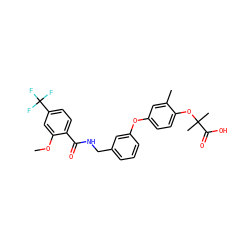 COc1cc(C(F)(F)F)ccc1C(=O)NCc1cccc(Oc2ccc(OC(C)(C)C(=O)O)c(C)c2)c1 ZINC000028825467