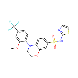 COc1cc(C(F)(F)F)ccc1N1CCOc2cc(S(=O)(=O)Nc3nccs3)ccc21 ZINC000220226360