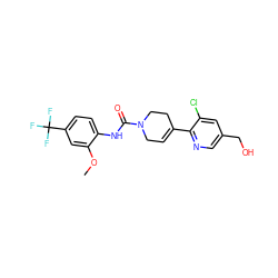 COc1cc(C(F)(F)F)ccc1NC(=O)N1CC=C(c2ncc(CO)cc2Cl)CC1 ZINC000098193615